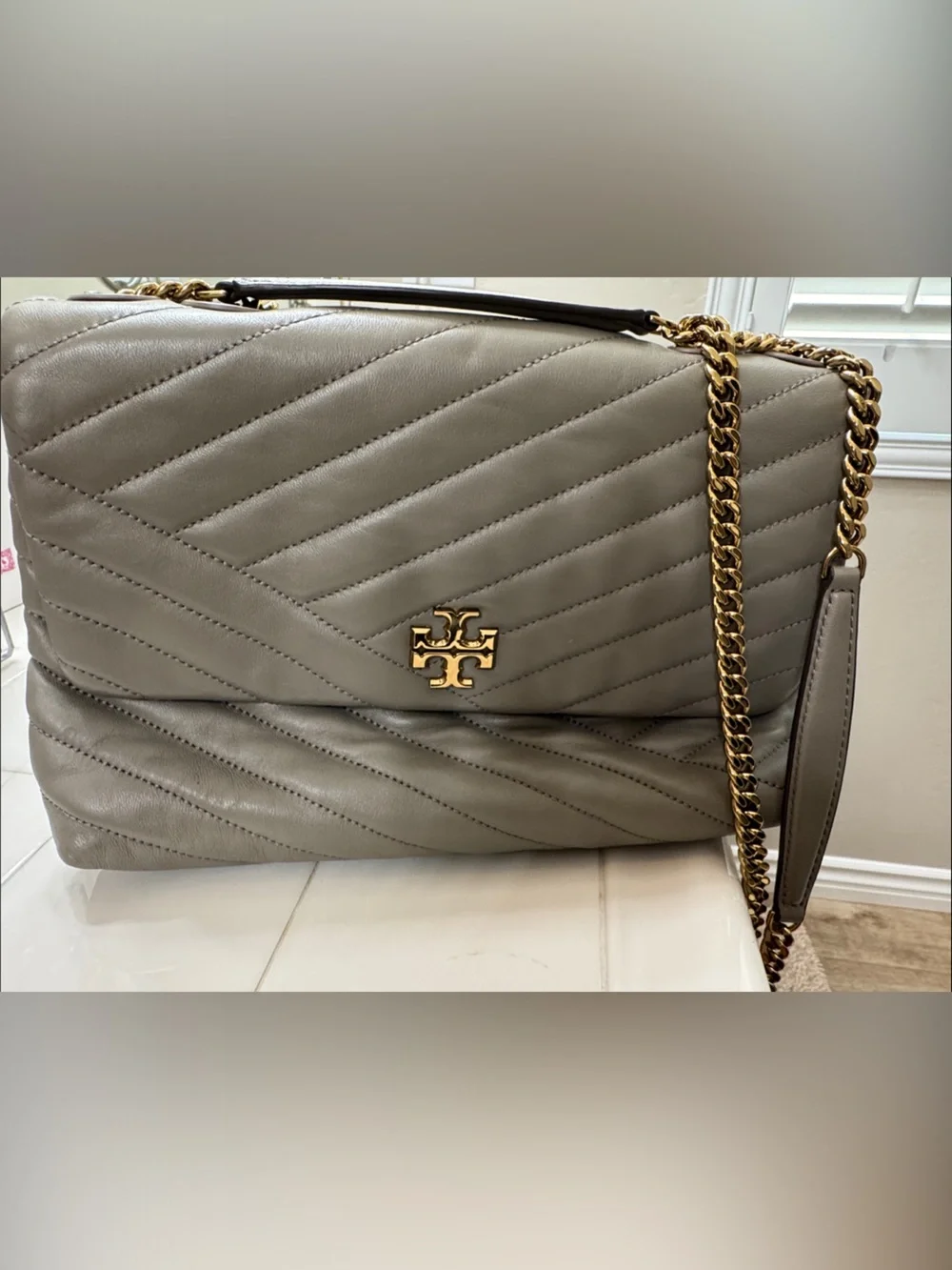 Tory Burch Kira Quilted Chevron Crossbody Bag in Taupe with Gold Hardware